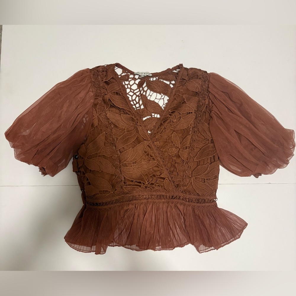 Haute Monde Brown Lace Peplum Puff-Sleeve Blouse